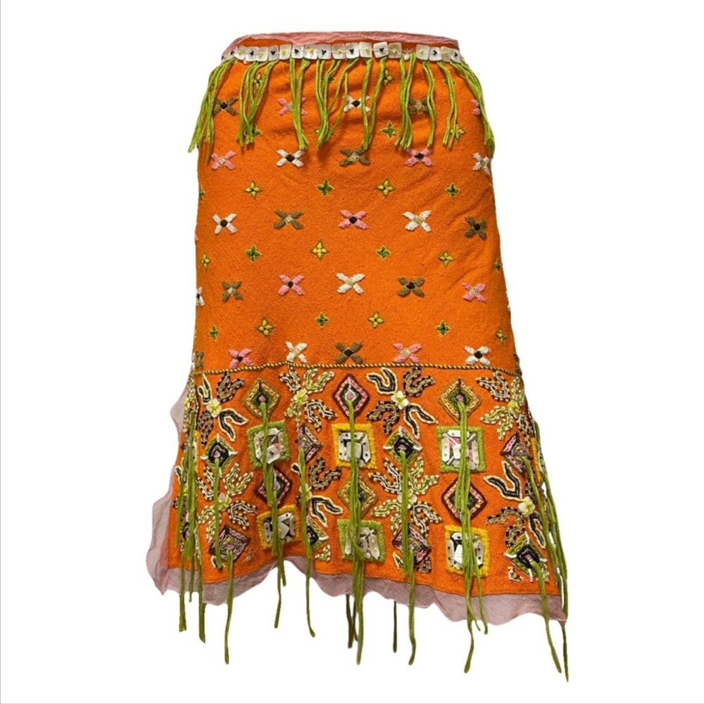Fendi Orange Embroidered Mini Skirt with Fringe